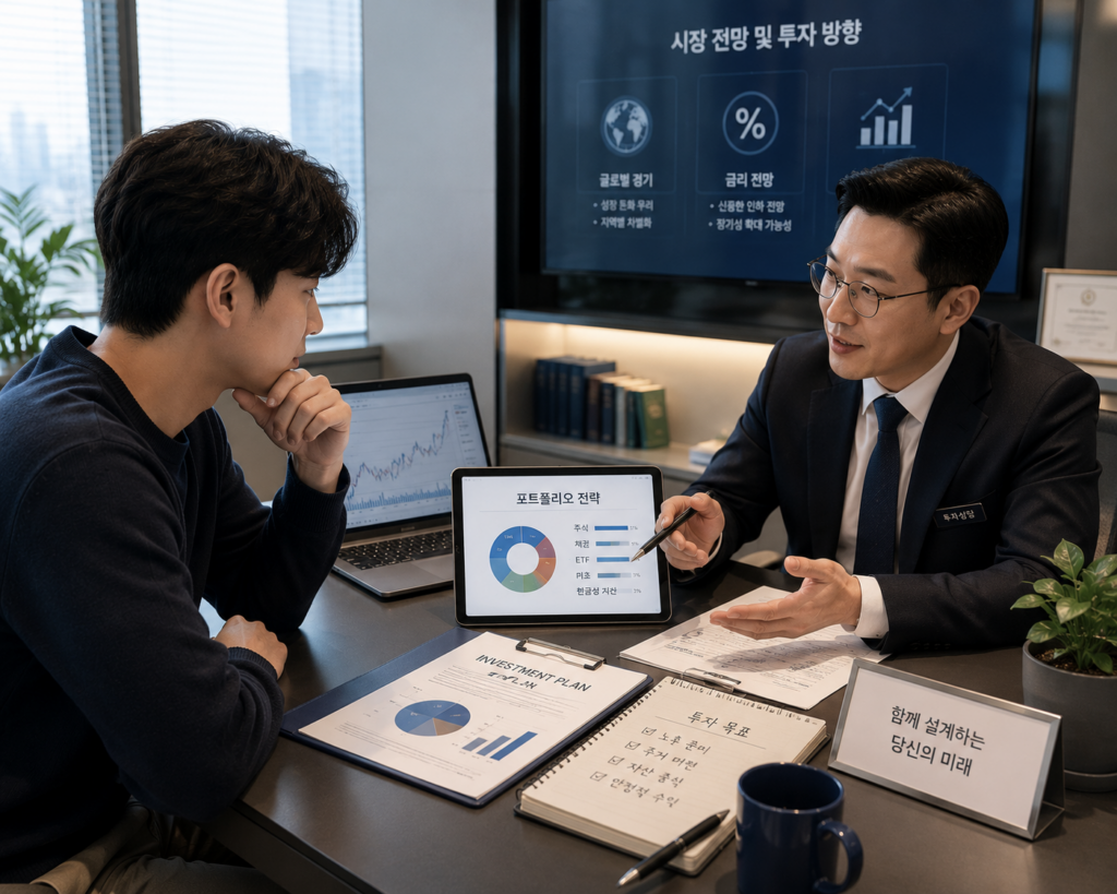 은행 창구에서 계좌 상담을 받는 모습