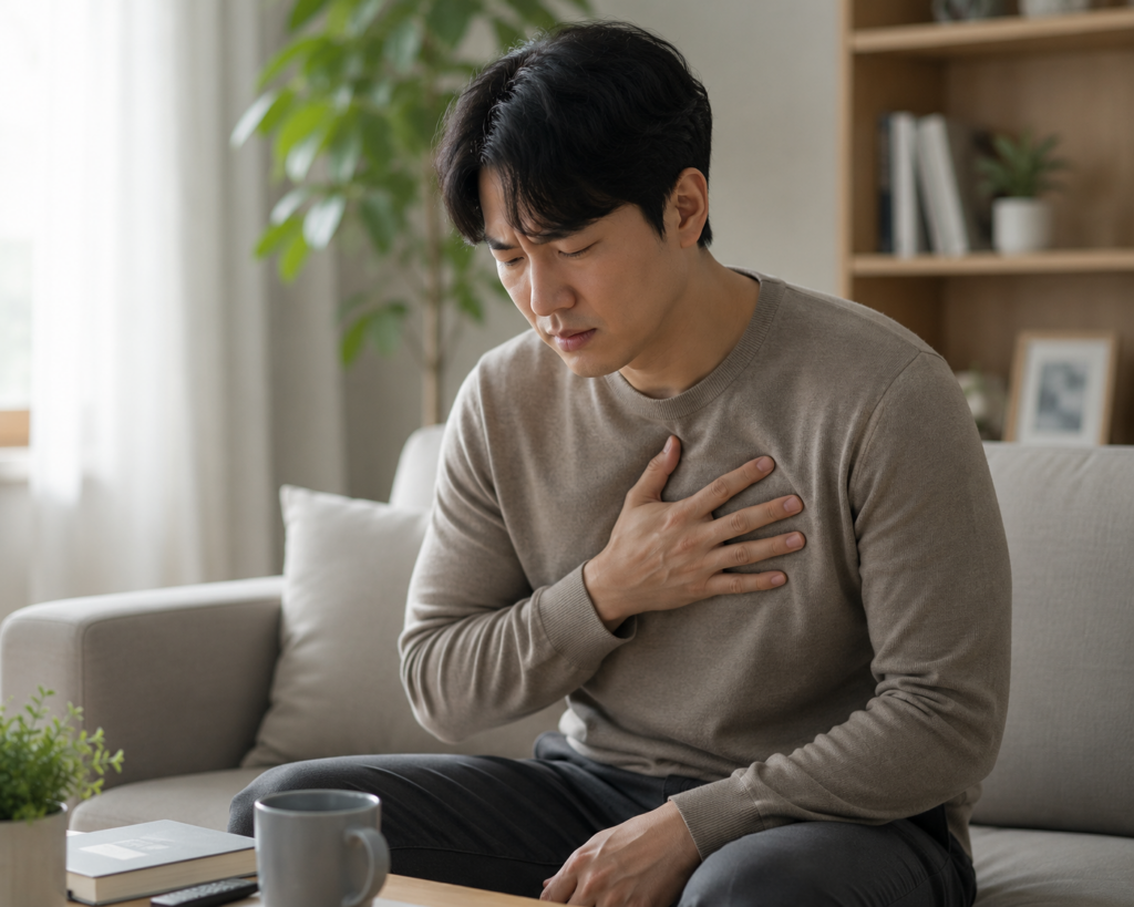가슴 부위 불편함을 느끼는 모습