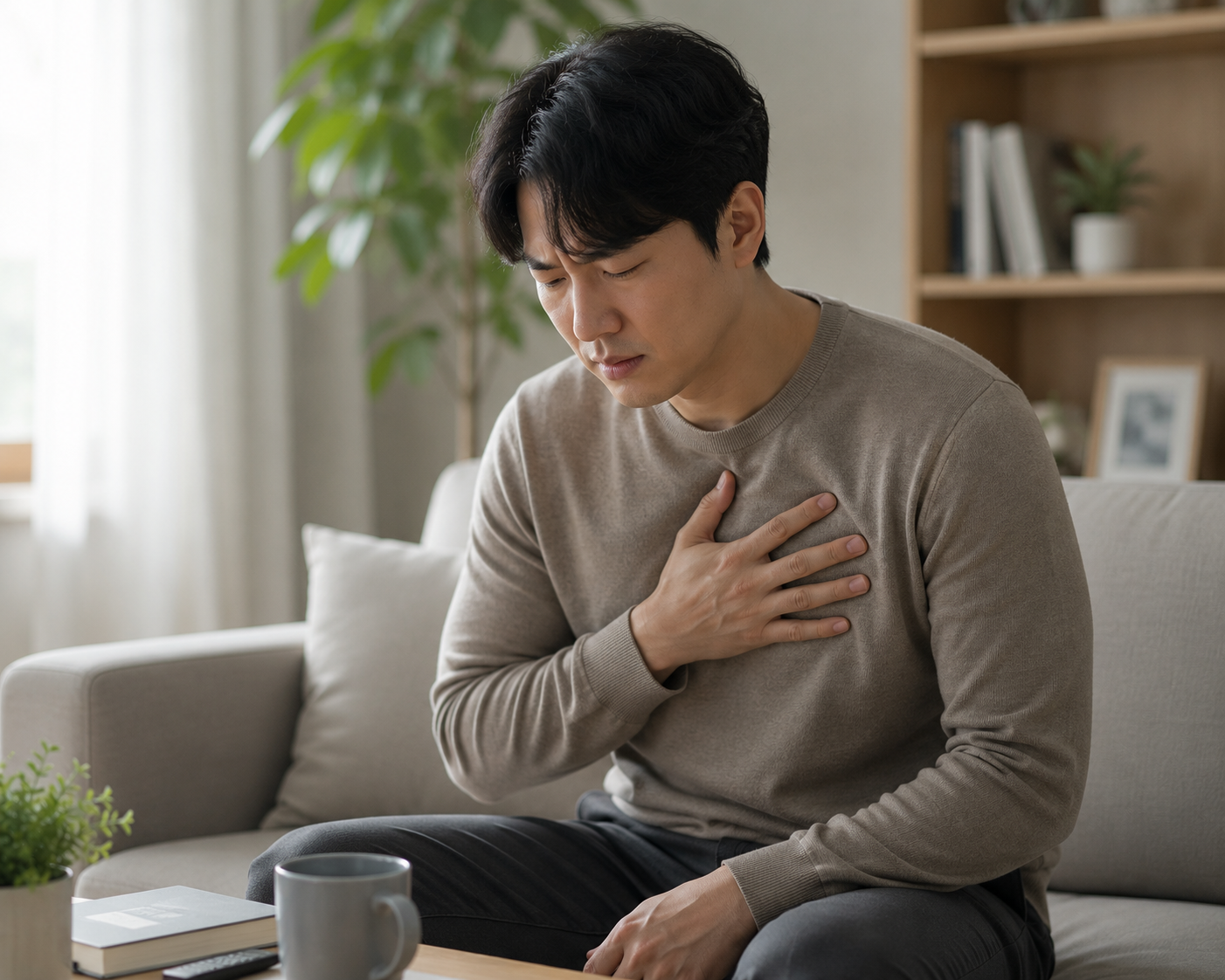 가슴 부위 불편함을 느끼는 모습