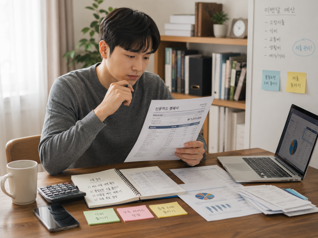 신용카드 명세서를 정리하는 모습
