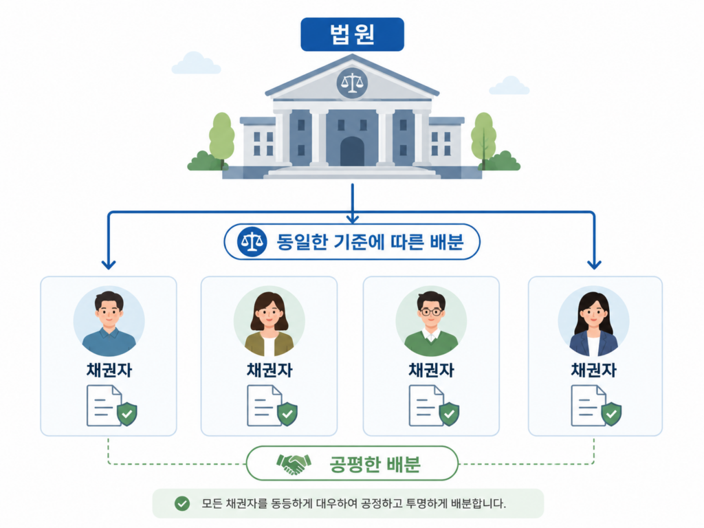 채권자에게 공평하게 배분되는 절차를 나타낸 도식