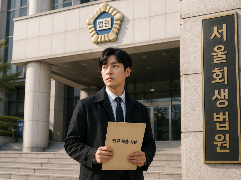 법원 앞에서 서류를 들고 있는 모습
