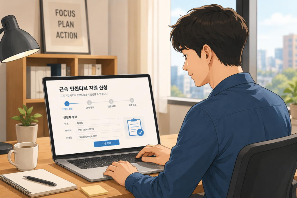 고용24 온라인 신청 화면을 살펴보는 모습을 형상화한 이미지