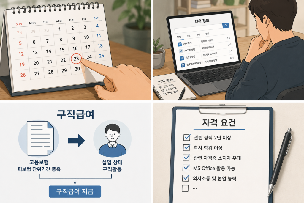 실업급여 자격 요건을 나타내는 체크리스트 도식
