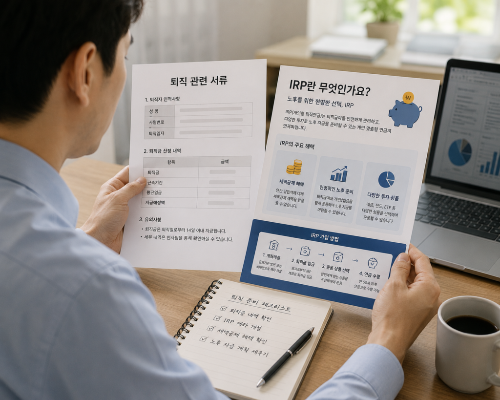  IRP 계좌 안내문을 확인하는 퇴직 예정자의 모습