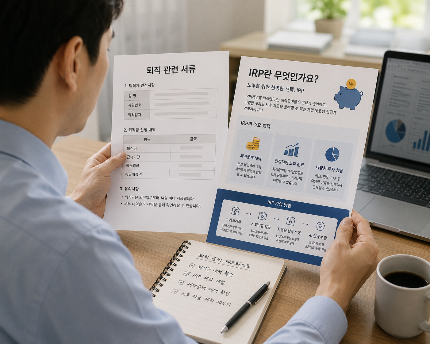 IRP 계좌 안내문을 확인하는 퇴직 예정자의 모습